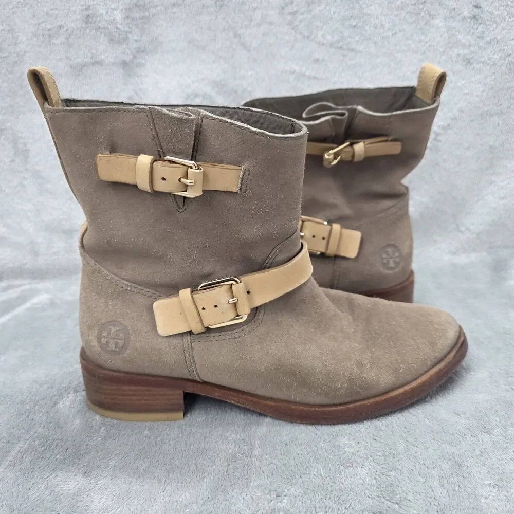 Tory Burch Boots Women's Size 8M Bennie Taupe Suede Leather Short Buckle